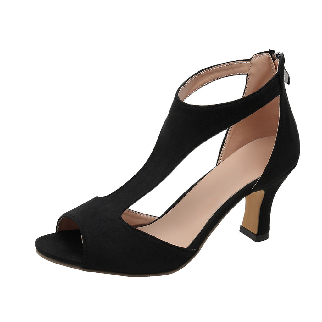 Chunky Heel Suede Fish Mouth Hollowed Sandals Women One Word Bag Heel Open Toed Roman Sandals Bella Mia