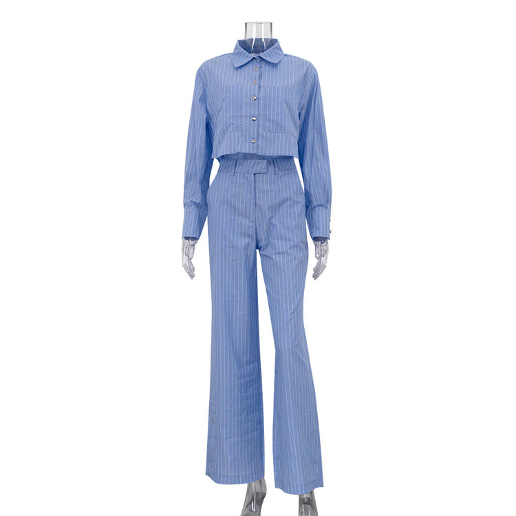 Women Clothing Striped Collared Long Sleeve Short Shirt Loose Wide Leg Pants Two Piece Set Bella Mia