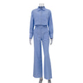 Women Clothing Striped Collared Long Sleeve Short Shirt Loose Wide Leg Pants Two Piece Set Bella Mia