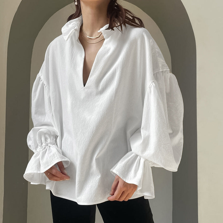 Spring Women Clothing Cotton White Shirt Texture Loose V neck Puff Sleeve Long Sleeved Top Bella Mia