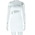 Women Clothing Solid Color Dress Sexy Diagonal Collar Cold Shoulder Sleeveless Hip Dress Bella Mia