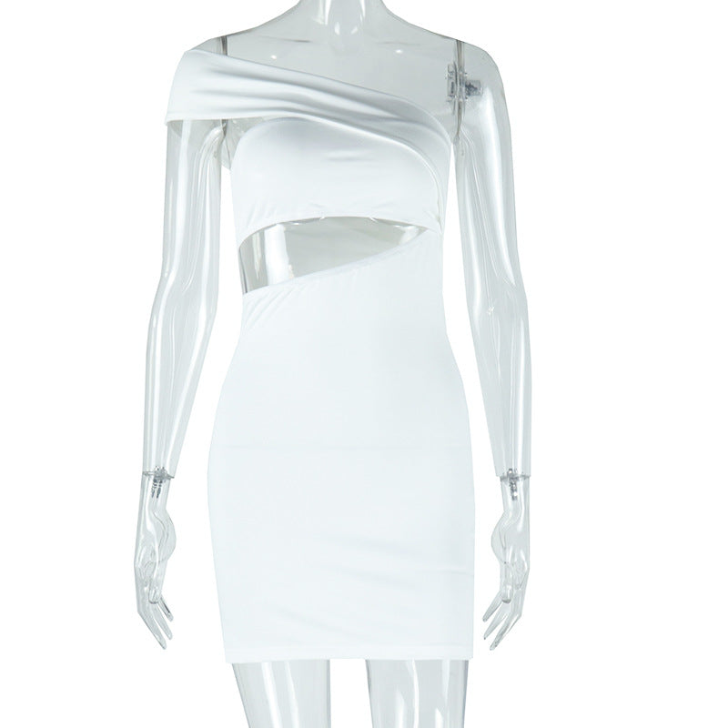 Women Clothing Solid Color Dress Sexy Diagonal Collar Cold Shoulder Sleeveless Hip Dress Bella Mia