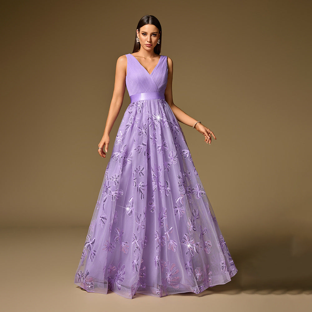 Handmade Pleated Embroidered Cloth Stitching Short Sleeve Double V neck Party Dress Back Zipper A Swing Dance Dress Bella Mia