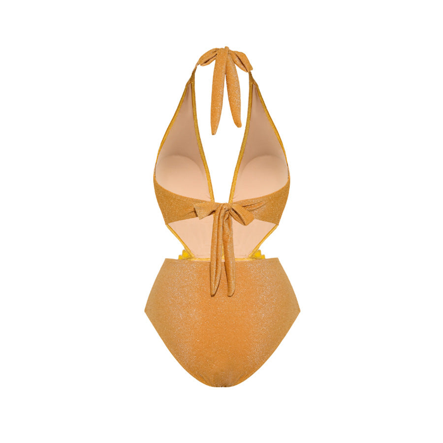 Golden Bright Surface One Piece Swimsuit Women Halter Deep V Plunge Strap Simple Sexy Bella Mia