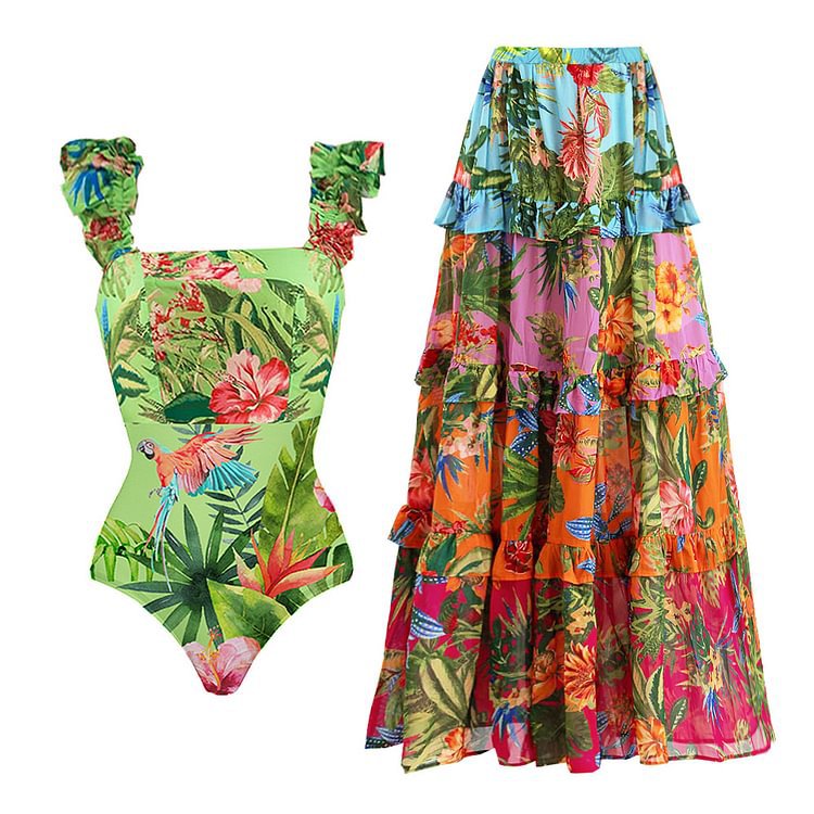 French Flying Sleeve Printed One Piece Swimsuit Women Cake Skirt Bella Mia