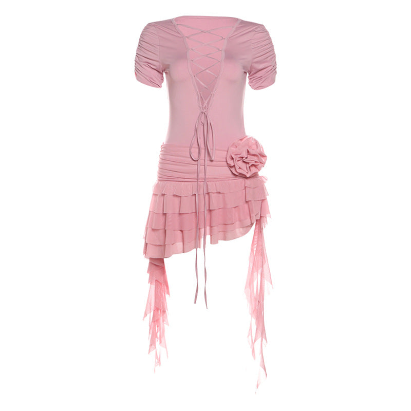 Summer Women Clothes Sexy Unique Design Deep V Plunge Lace up Irregular Asymmetric All Match Dress Women Bella Mia