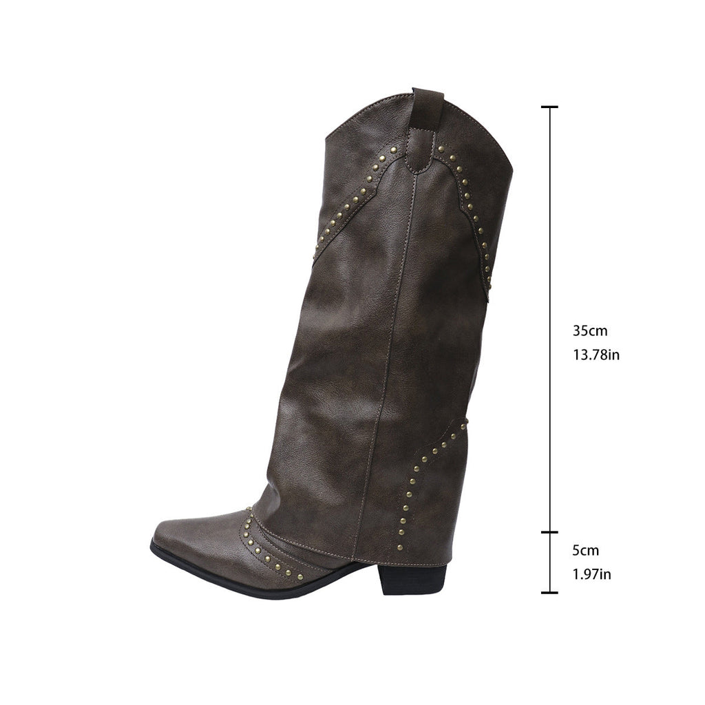 Retro Rivet High Top Western Cowboy Boot Women Long Mid Heel Pointed Toe Slip on Knight Boots Long Boots Bella Mia