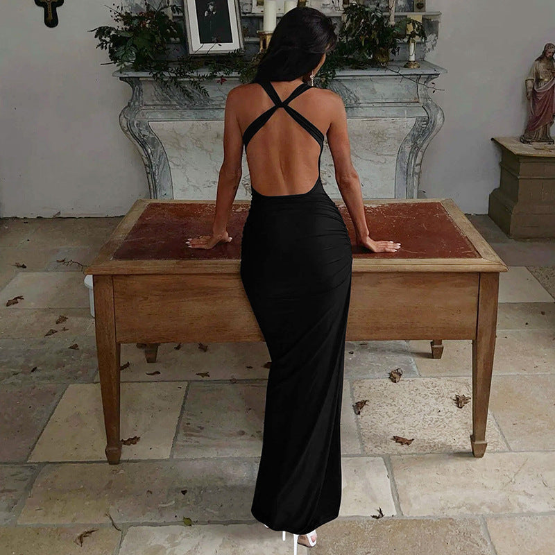 Spring Women Clothing Sexy Solid Color Halter Backless Slim Fit Pile Collar Dress Women Bella Mia