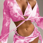 Rong Feidi Women Split Tie Dye Swimsuit Sexy Long Sleeve Sun Protection Four Piece Bikini Swimsuit Bella Mia
