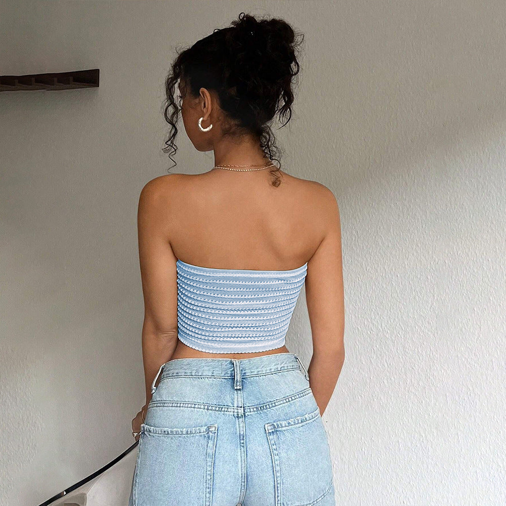 77Sexy Blue White Striped Tube Top Sleeveless Cold Shoulder Skinny Short Vacation Vest Top for Women Bella Mia