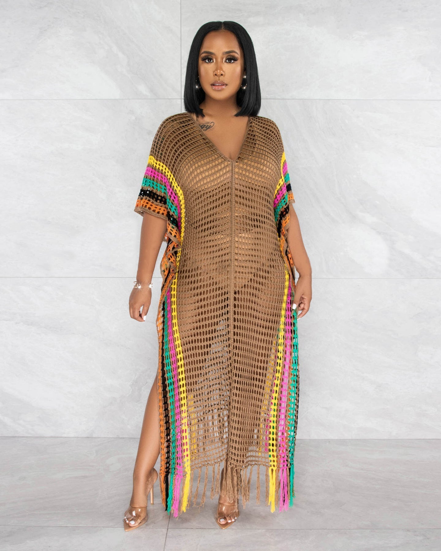 Summer Women Dress Sexy Woolen Hand Crochet Knitted Tassel Color Matching Beach Dress Bella Mia