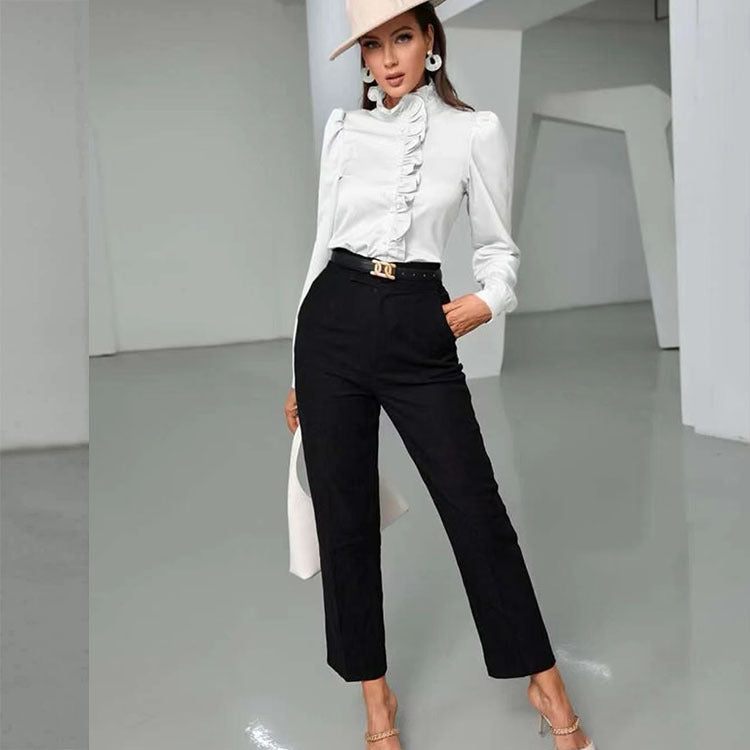 Women Shirt Autumn High Grade Acetate Fabric Shirt Half Sleeve Ruffled Straight Women Top Bella Mia