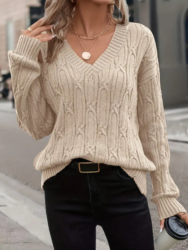 Women Clothing Autumn Winter V neck Sweater Women Twist Thread Solid Color Sweater Loose Top Bella Mia