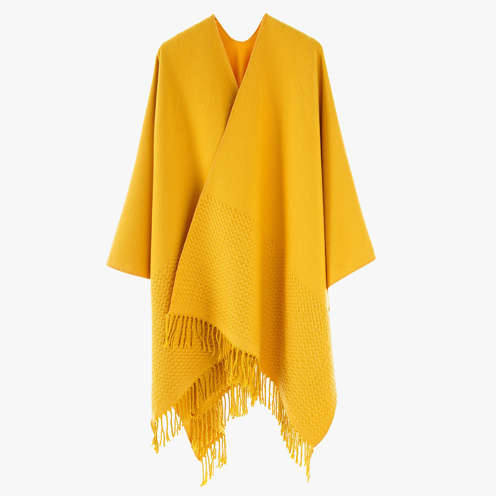 Solid Color Cashmere like Tassel Large Split Shawl Warm Monochrome Cape Plain Shawl Bella Mia