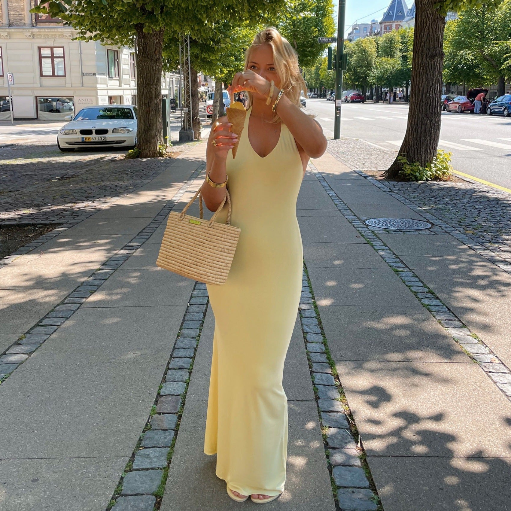 Women Clothing Summer Sexy V neck Halter Backless High Waist Slim Solid Color Dress Bella Mia