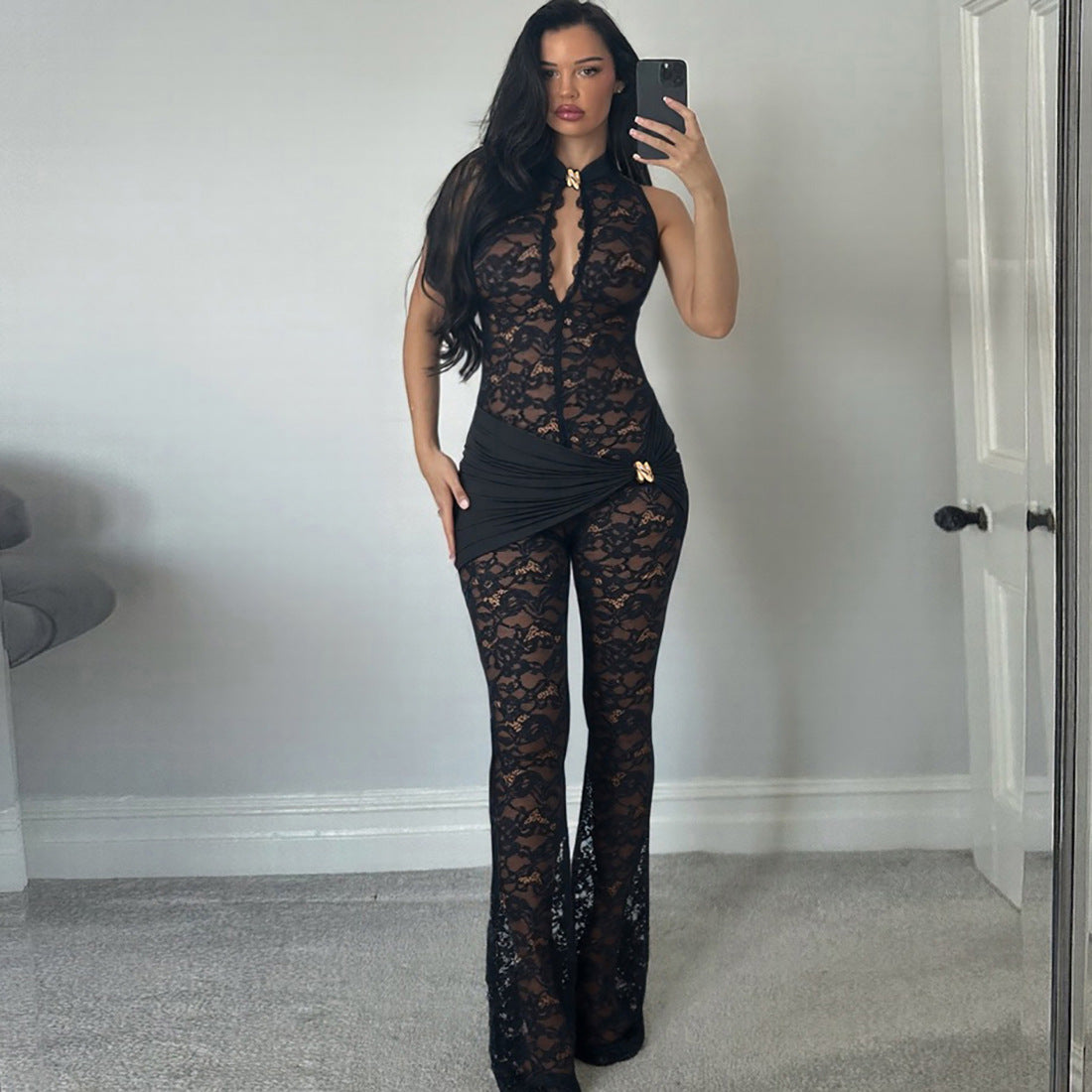 Autumn Winter Women Lace Stitching Sleeveless Sexy High Waist Slim Fit Micro Pull Jumpsuit Bella Mia