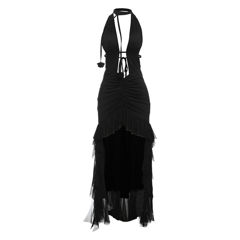 Spring Women Elegant Sexy Cutout Halter Mesh Stitching Trailing Dress Women Bella Mia