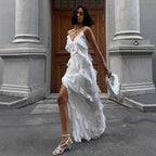 Patchwork Ruffled Sling Maxi Dress Summer Sexy Slit Slim Fitting Bella Mia