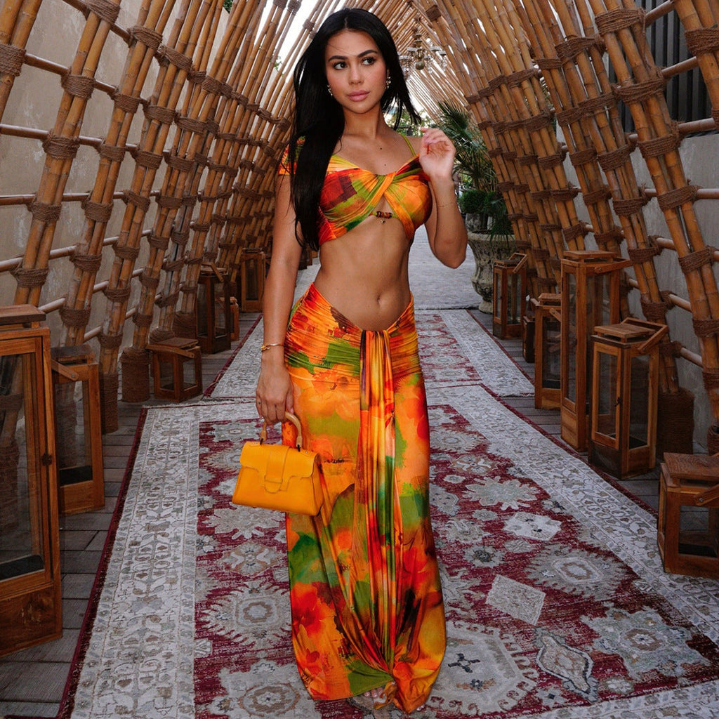 Women Spring Clothing Pattern Print Sexy Drop Shoulder Hollow Out Cutout Low Waist Cropped Skirt Set Bella Mia