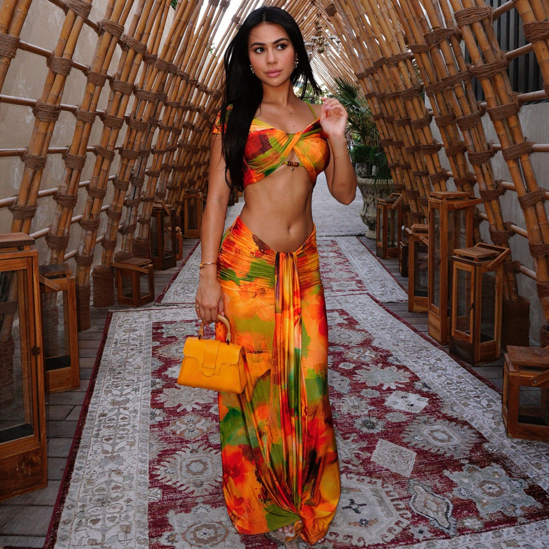 Women Spring Clothing Pattern Print Sexy Drop Shoulder Hollow Out Cutout Low Waist Cropped Skirt Set Bella Mia