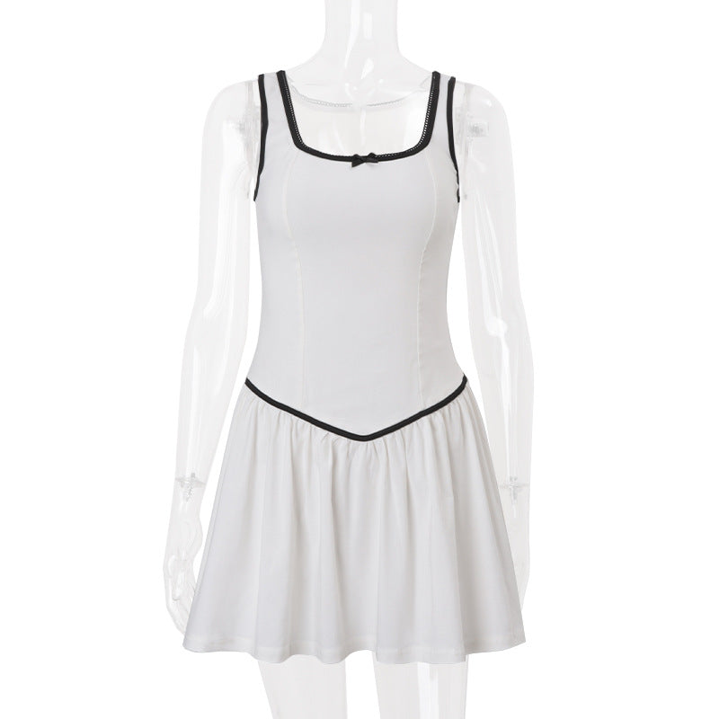 Summer Sexy U Collar Color Contrast I Shaped Backless Waist Trimming Dress Short Dress Bella Mia