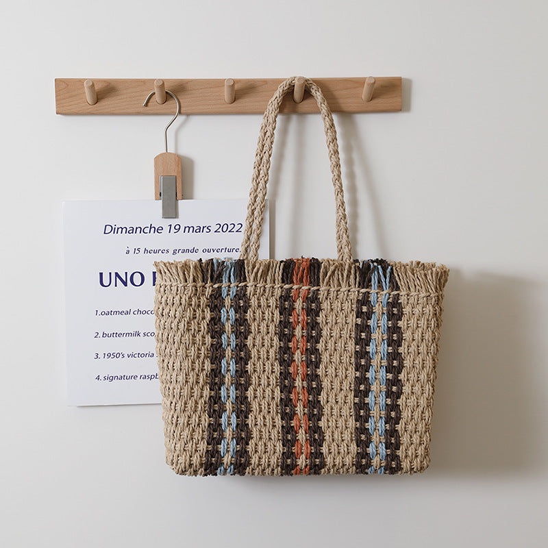 Vertical Stripes Straw Bag Woven Bag Women Simple Large Capacity Portable Shoulder Vacation Beach Bag Bella Mia