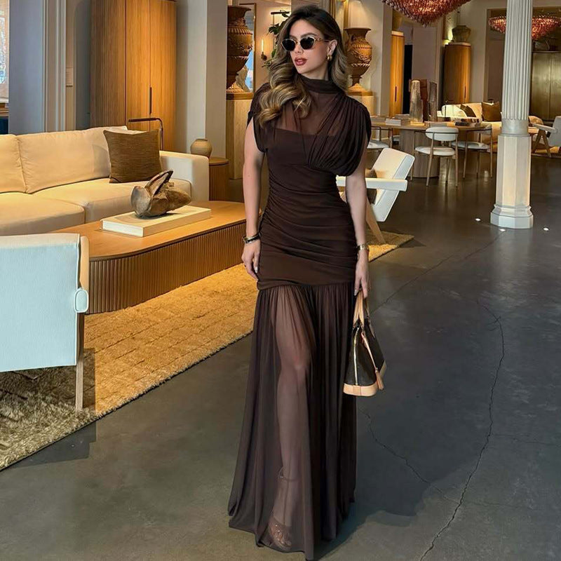 Sexy Socialite Tight Waist Close Fitting Stitching Gauzy Package Hip Maxi Dress for Women Bella Mia