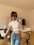 White T shirt Women Shoulder Short Sleeve Slimming round Neck Cotton Bandage Dress Bottoming Top Bella Mia