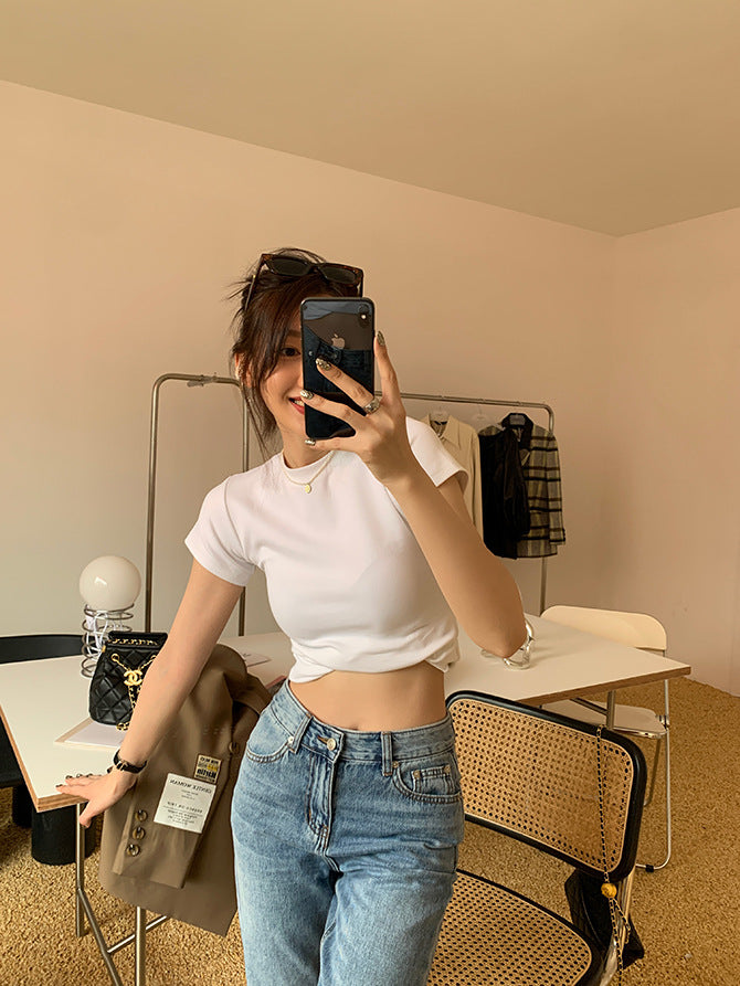 White T shirt Women Shoulder Short Sleeve Slimming round Neck Cotton Bandage Dress Bottoming Top Bella Mia