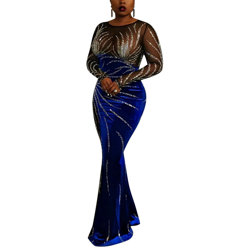 Maxi Dress Sexy Sheer Mesh Stitching Velvet Party Evening Dress Women Bella Mia