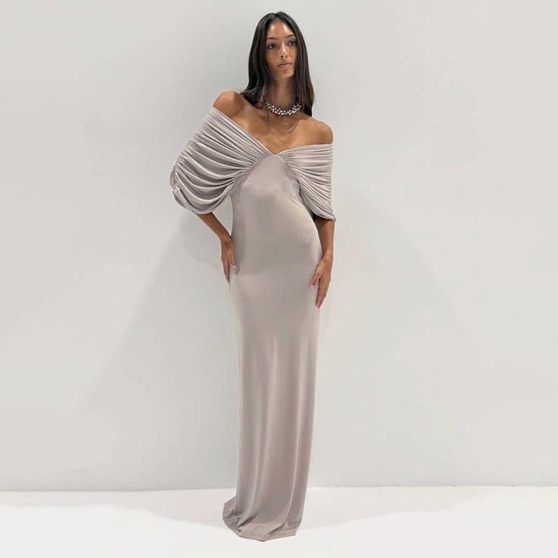 Spring Women Clothing Sexy off Neck Sleeve Slim Solid Color Maxi Dress Women
