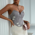 Sexy Deep V Plunge neck Low Cut Lace up Three Dimensional Butterfly Floral Backless Boning Corset Tube Top Vest Bella Mia