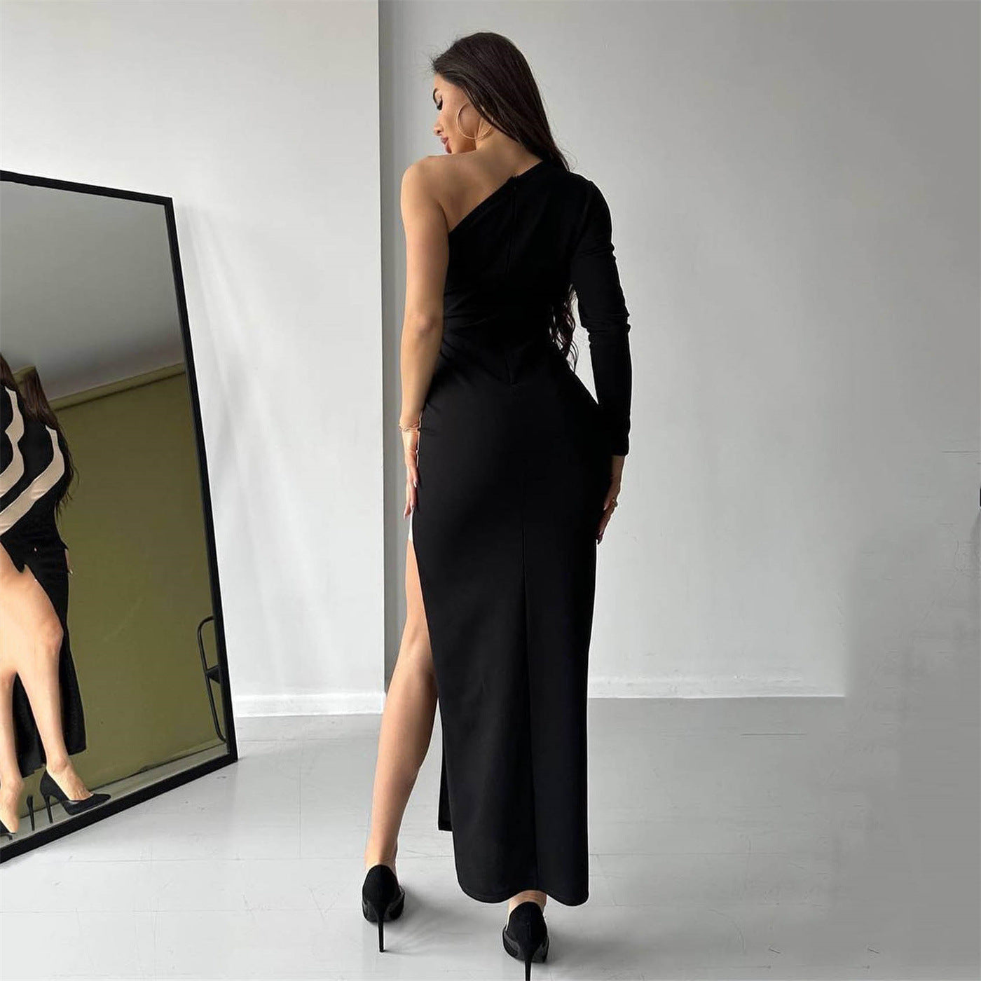 Sexy Women Clothing Diagonal Collar Single Sleeve Dress Women Mesh Stitching Sexy Slit Midi Dress Women Bella Mia