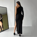 Sexy Women Clothing Diagonal Collar Single Sleeve Dress Women Mesh Stitching Sexy Slit Midi Dress Women Bella Mia