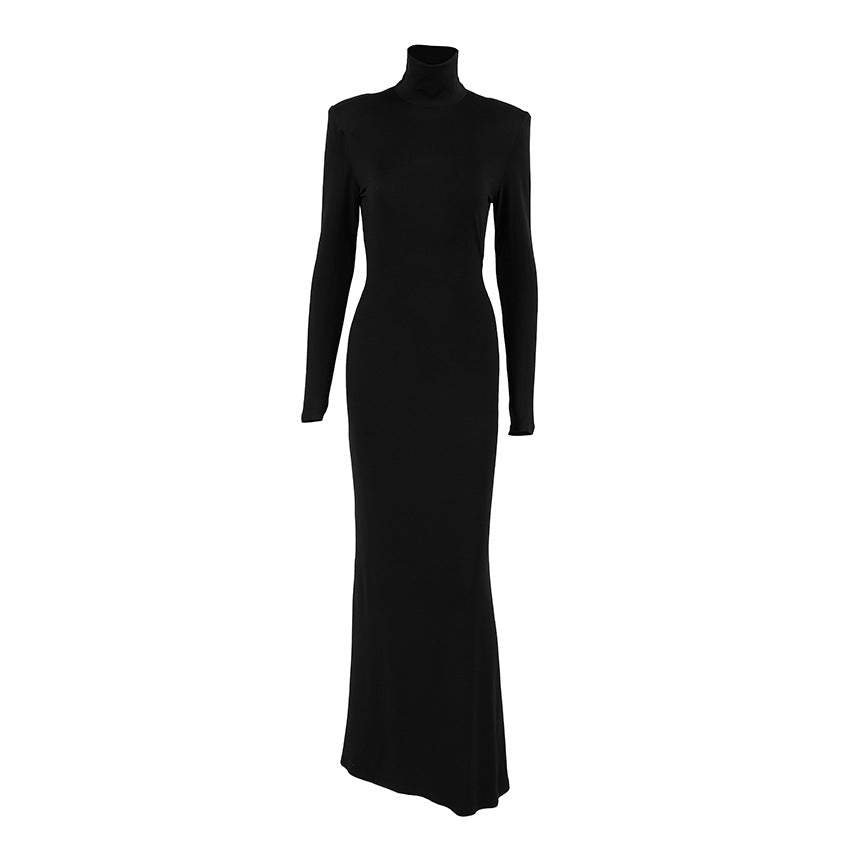 Spring Elegant Black Sexy Backless Knitted Slim Fit Long Sleeved Turtleneck Dress for Women Bella Mia