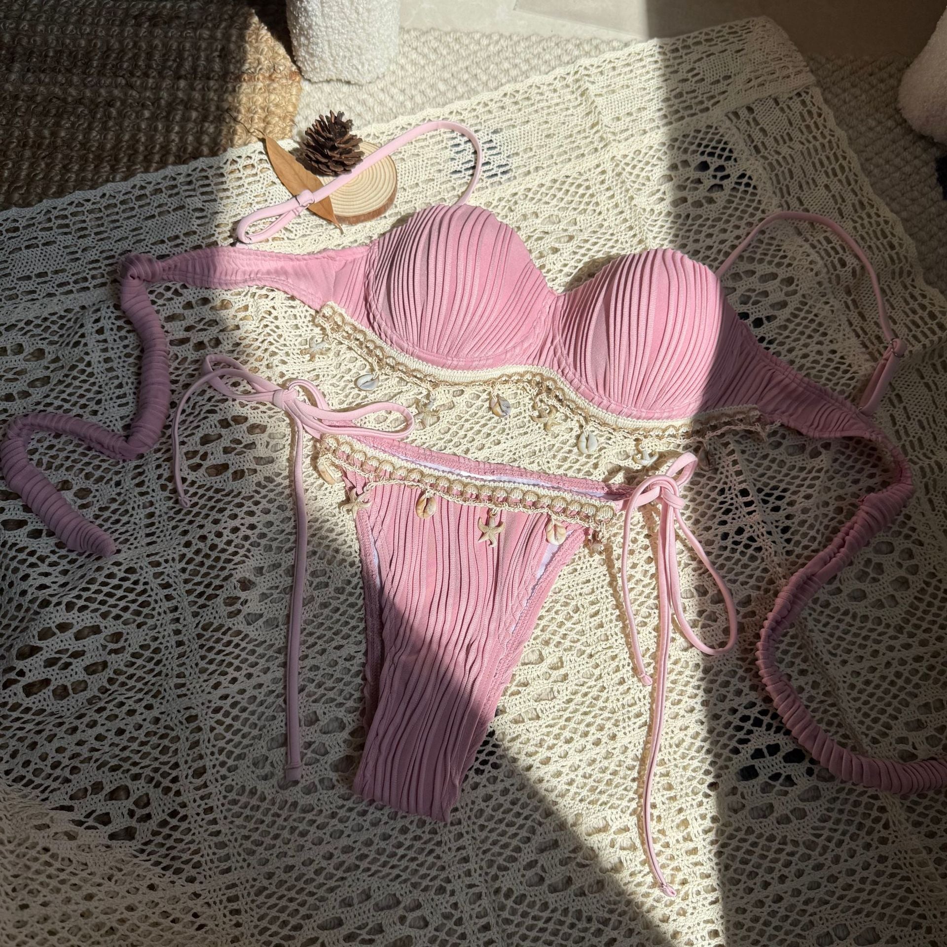 Solid Color Shell Petal Hard Bag Sexy Split Swimwear Swimsuit Bikini