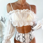 White Chiffon Long-Sleeved Shirt Wrinkle Blouse Beach Swimsuit Women Bella Mia