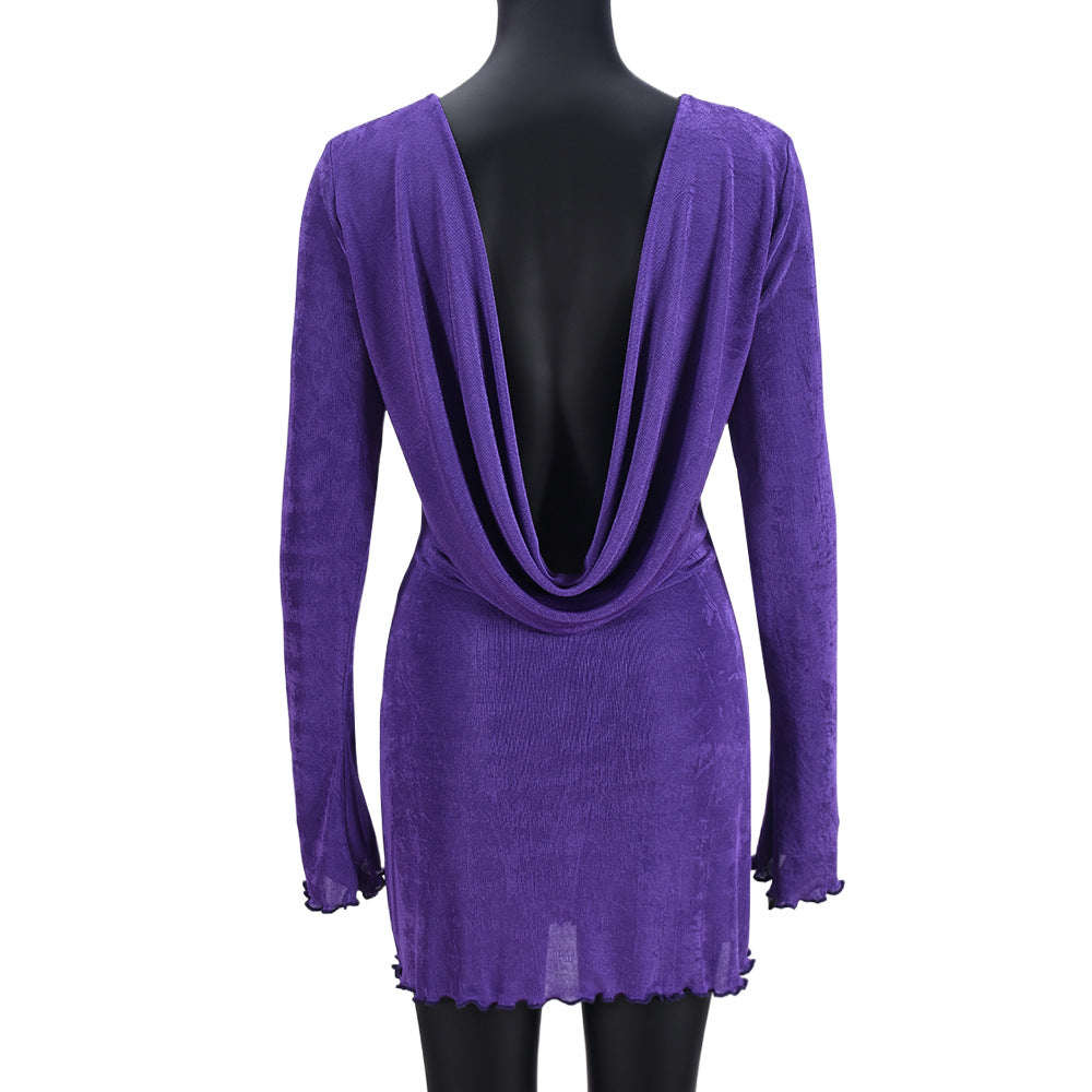 Spring Summer Women Clothing Wooden Ear Hollow Out Cutout Backless Long Sleeve Short Dress Women Bella Mia