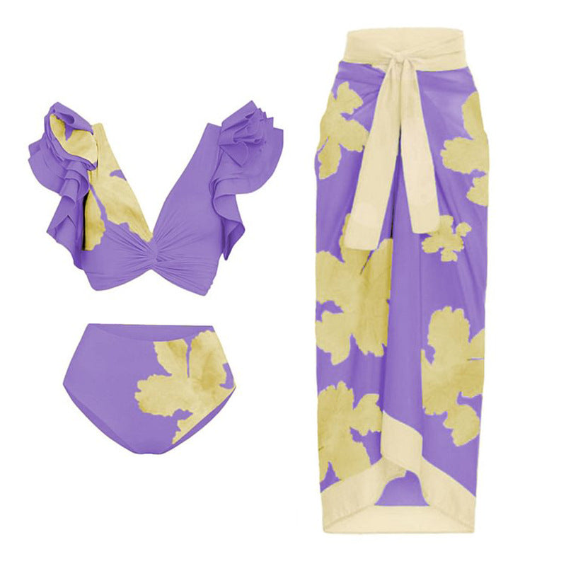 Split Bikini Lotus Sleeve High Waisted Trousers Sexy Slimming Swimsuit Women Floral Bella Mia