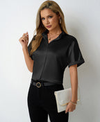 Solid Color Satin Women Clothing with Shoulder Stand Collar Short Sleeve Shirt Satin Shirt Bella Mia