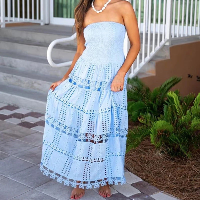 Casual Maxi Dress Spring High Sense Embroidery Hollow Out Cutout out Tube Top Dress Women Clothing Bella Mia