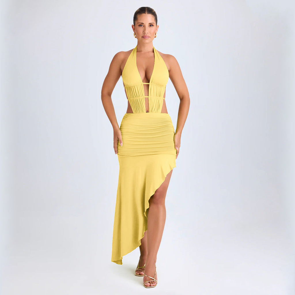 Irregular Asymmetric Women Pleated Tied Dress Autumn Winter Sexy Backless Hollow Out Cutout Hip Dress Bella Mia