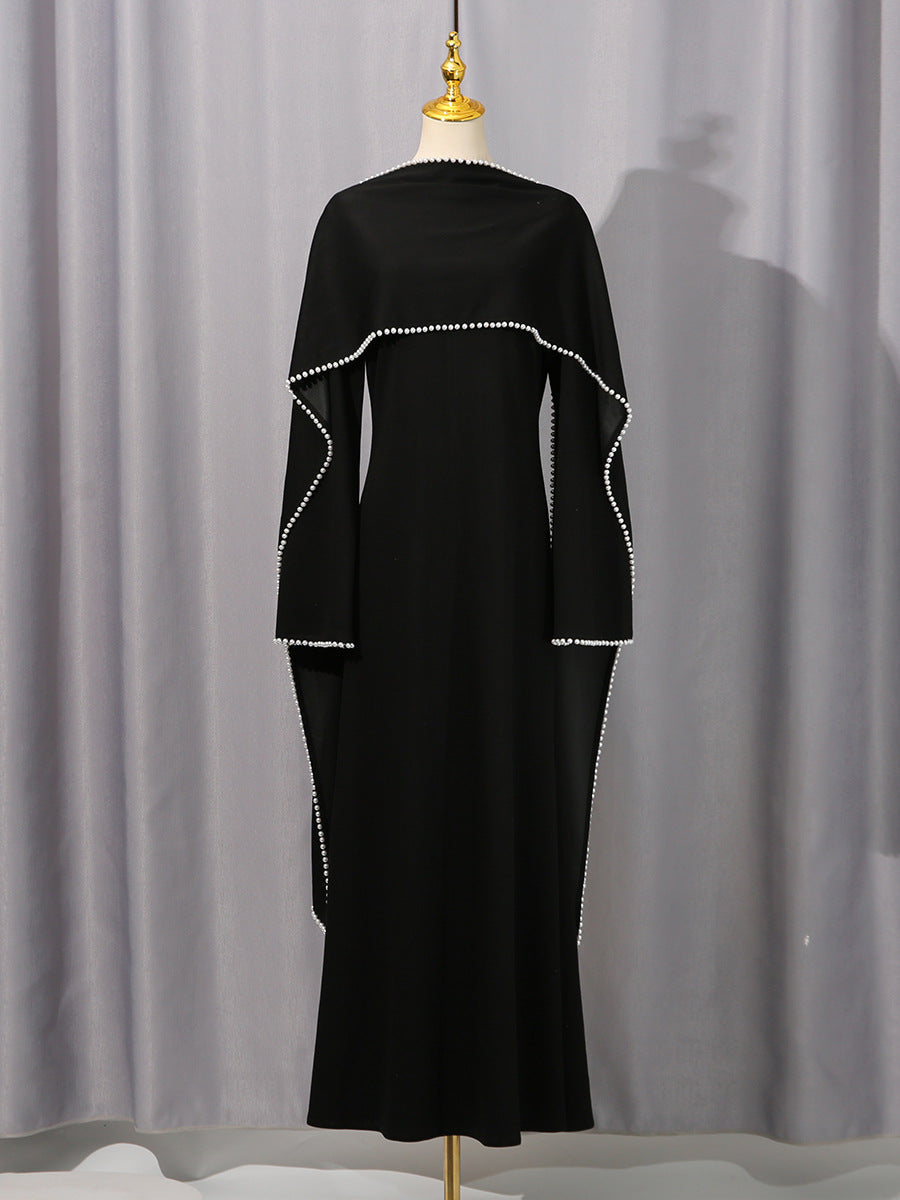 Elegant Solid Color Retro Heavy Industry Beautiful Pearl Shawl High Waist Dress Women Bella Mia