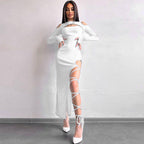 Sexy Leggings Split Dress Autumn Women Clothing Solid Color Long Sleeve Hollow Out Cutout Dress Bella Mia