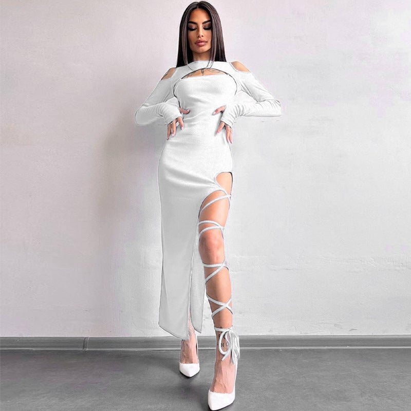 Sexy Leggings Split Dress Autumn Women Clothing Solid Color Long Sleeve Hollow Out Cutout Dress Bella Mia