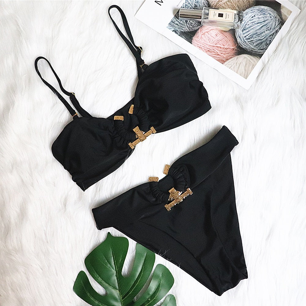 Sexy Swimsuit Metal Accessories Hollow Out Cutout Bikini Solid Color Tube-Top High Waist Women Swimwear Bella Mia