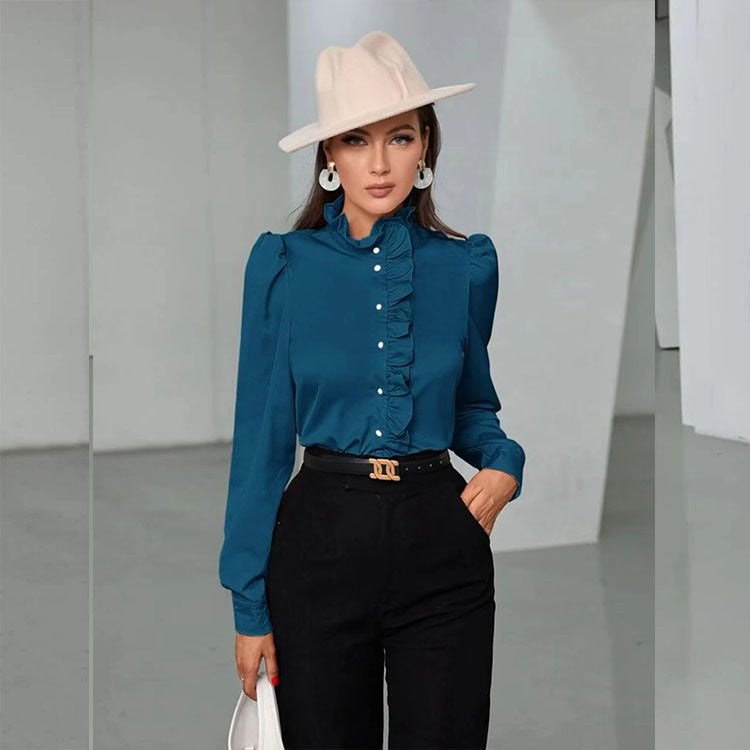Women Shirt Autumn High Grade Acetate Fabric Shirt Half Sleeve Ruffled Straight Women Top Bella Mia