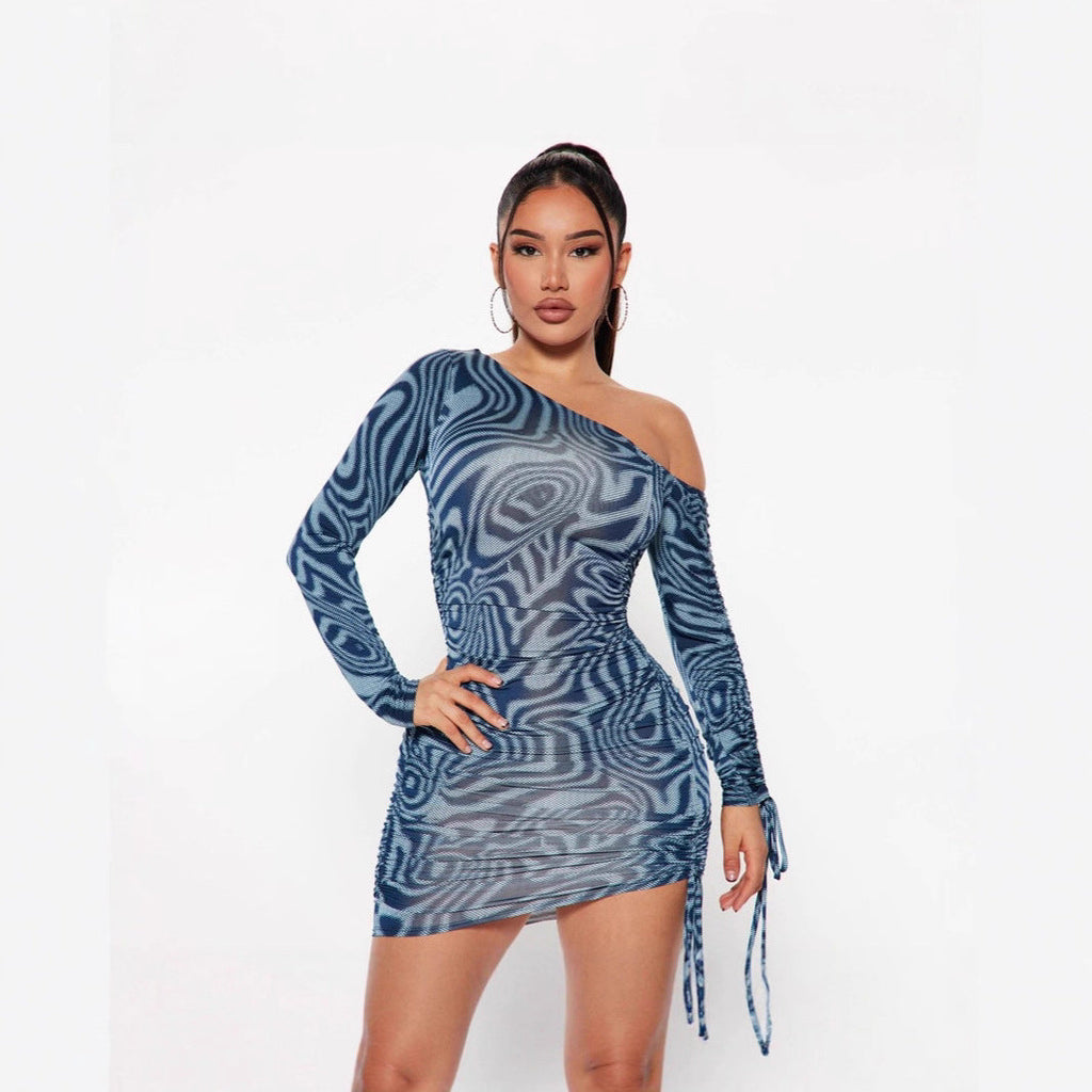 Arrival Women Clothing Floral Print Drawstring Ruffle Lace up Drawstring Long Sleeve Slant Shoulder Tight Dress Bella Mia