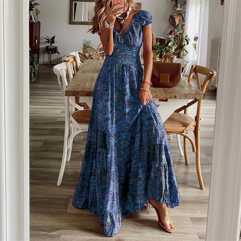 Bohemian Summer Maxi Dress High Waist V Neck Floral Print Large Swing Dress