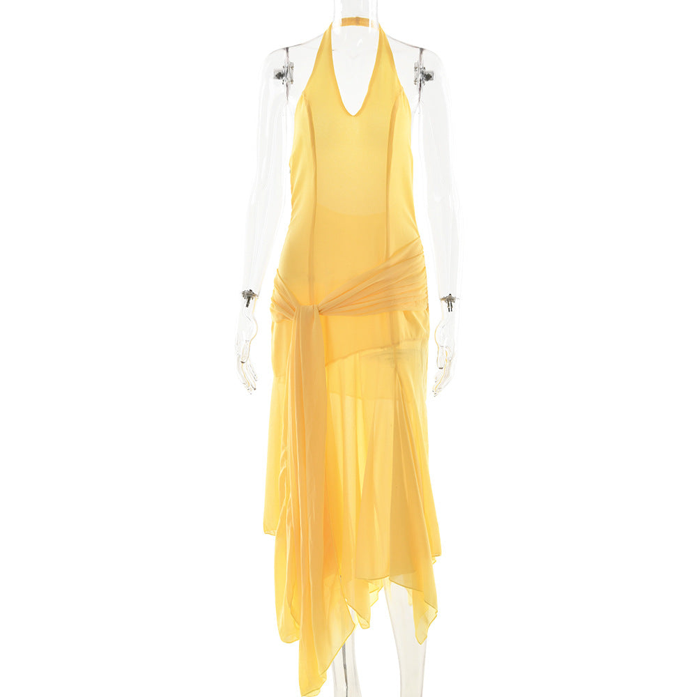 Summer Halter Chiffon See through Dress Sexy Deep V Plunge Ribbon Dress Bella Mia